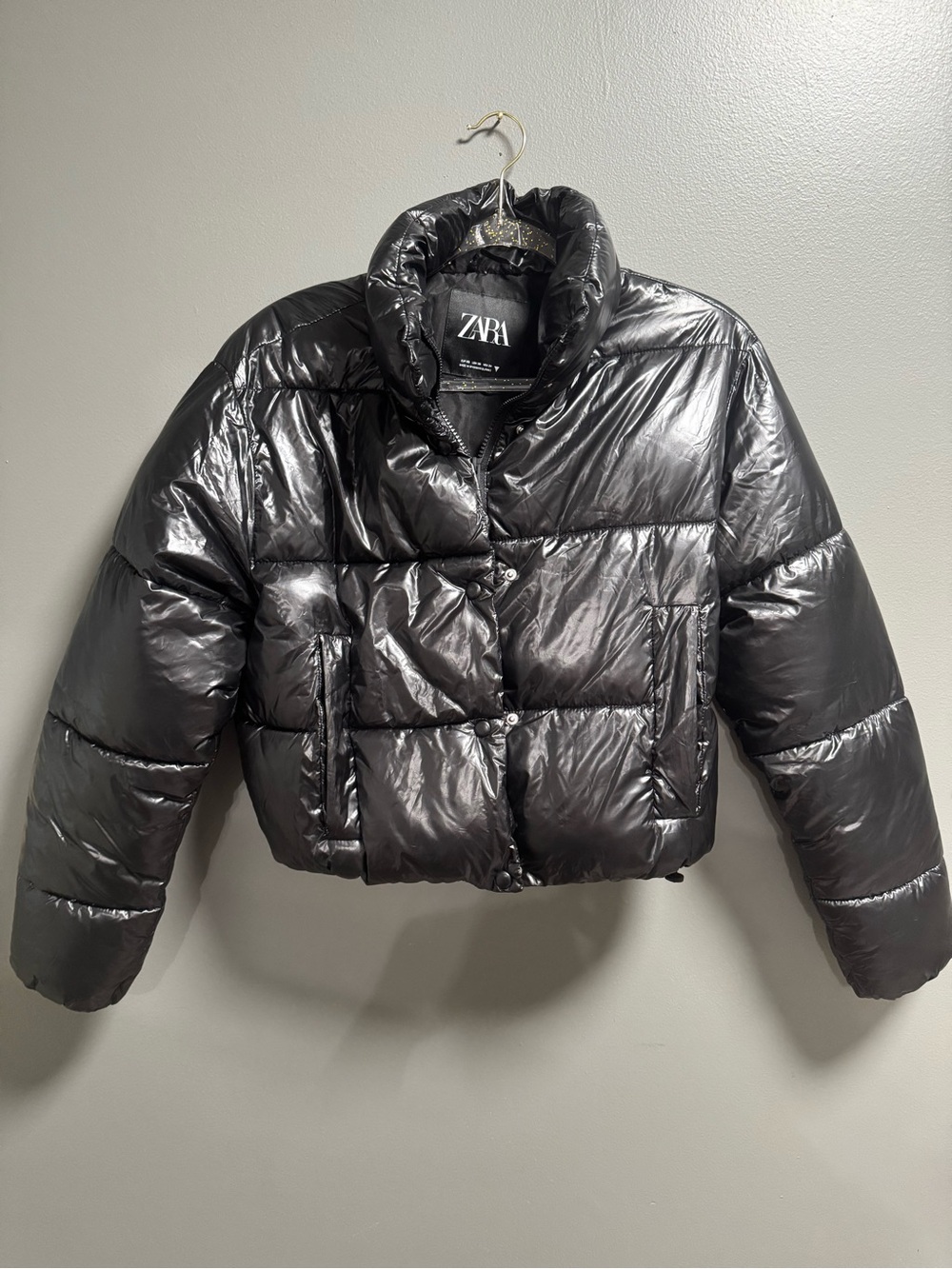 Zara Shiny Black Glossy High Neck Cropped Puffer Jacket Warm with Pockets XS